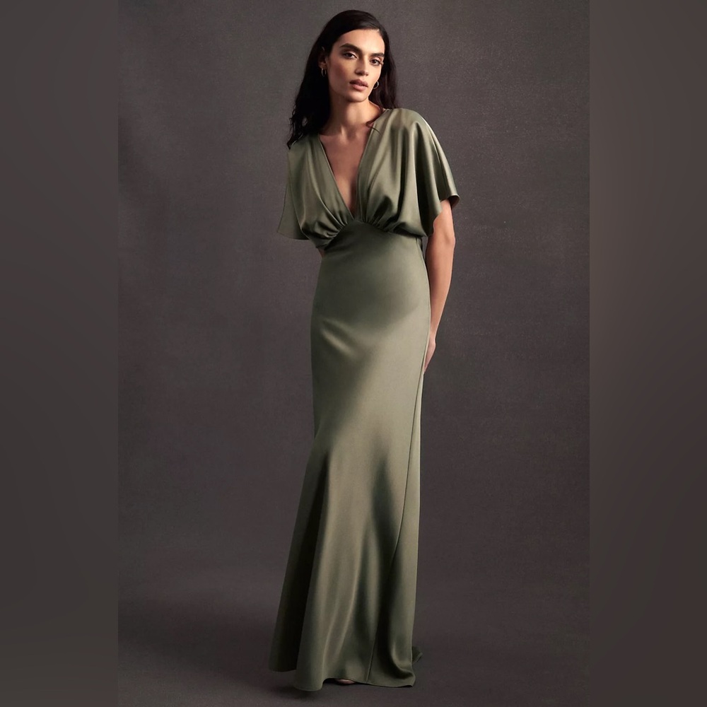BHLDN Leila Deep-V Flutter-Sleeve Satin A-Line Gown - US 0